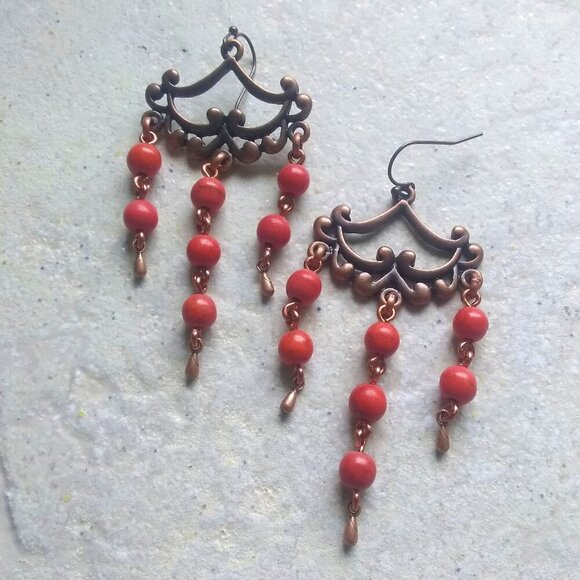 Tomato Red Beaded Copper Chandelier Earrings ~ Girlie Swag ~ Handmade 4 You! - Picture 1 of 6